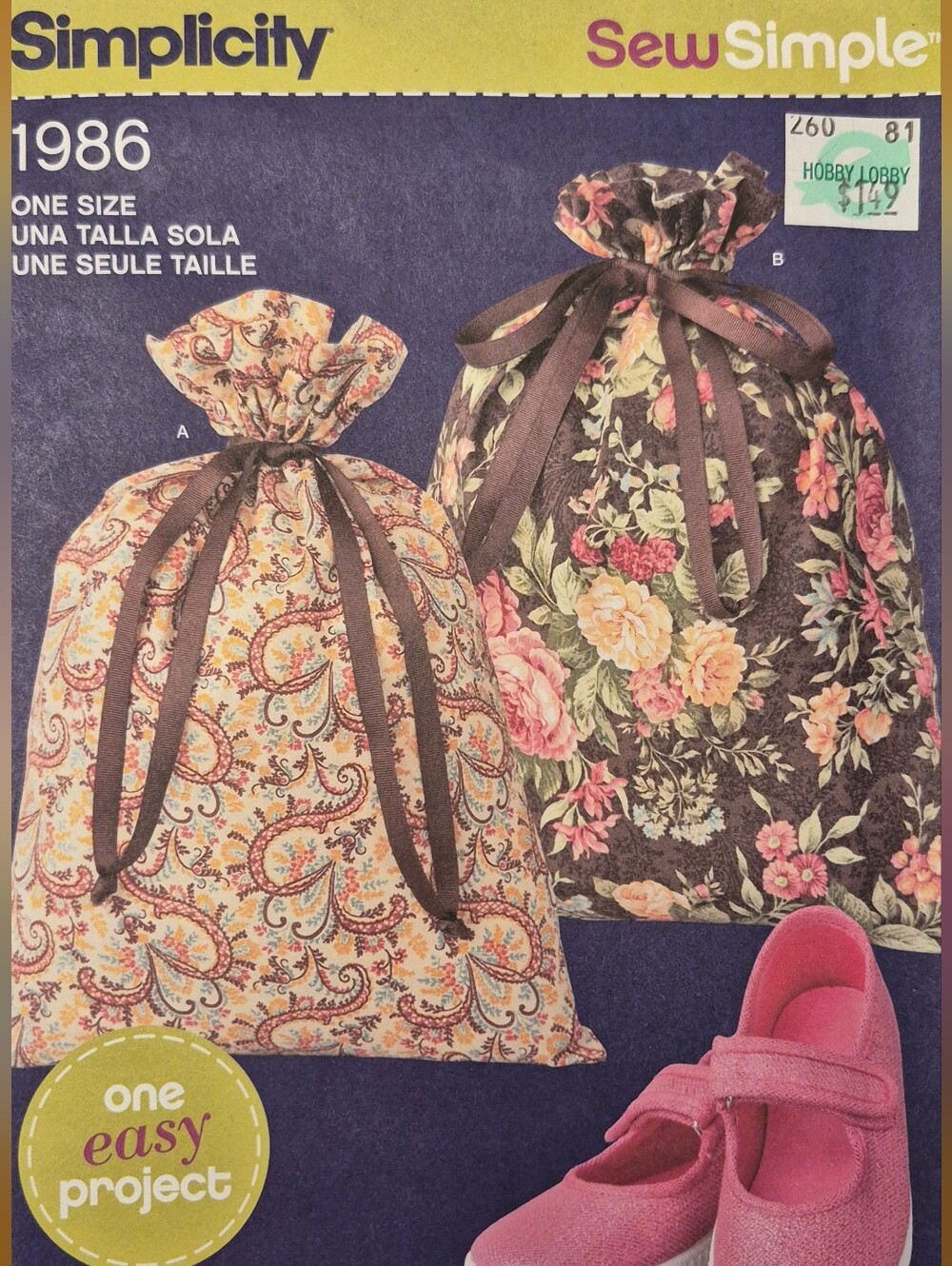 Simplicity 1986 Sew Simple Beginner Sewing Pattern Drawstring Tote Bag